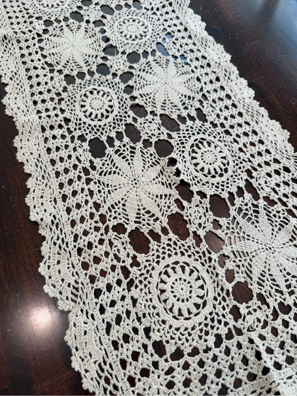 Vintage Hand-Crocheted Cream Table Runner off white 32”x13” floral Cottagecore